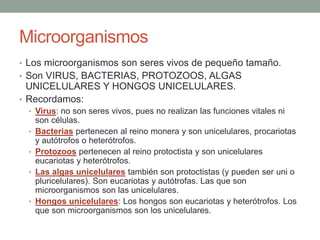 Microorganismos
• Los microorganismos son seres vivos de pequeño tamaño.
• Son VIRUS, BACTERIAS, PROTOZOOS, ALGAS
UNICELULARES Y HONGOS UNICELULARES.
• Recordamos:
• Virus: no son seres vivos, pues no realizan las funciones vitales ni
son células.
• Bacterias pertenecen al reino monera y son unicelulares, procariotas
y autótrofos o heterótrofos.
• Protozoos pertenecen al reino protoctista y son unicelulares
eucariotas y heterótrofos.
• Las algas unicelulares también son protoctistas (y pueden ser uni o
pluricelulares). Son eucariotas y autótrofas. Las que son
microorganismos son las unicelulares.
• Hongos unicelulares: Los hongos son eucariotas y heterótrofos. Los
que son microorganismos son los unicelulares.
 
