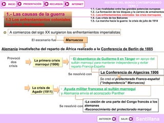 1.3 Los enfrentamientos coloniales: las crisis marroquíes  A comienzos del sigo XX surgieron los enfrentamientos imperialistas Marruecos Alemania  insatisfecha del reparto de África realizado a la  Conferencia de Berlín de 1885 La primera crisis marroquí (1906) Provocó dos crisis  1.- Las causas de la guerra El escenario fue El desembarco de Guillermo II en Tánger   en apoyo del sultán marroquí para mantener independencia y evitar reparto Francia-España Se resolvió con La Conferencia de Algeciras 1906 Se creó el  protectorado Franco-español (“independencia” Marruecos) La crisis de  Agadir (1911) Ayuda militar francesa al sultán marroquí y Alemania envía el acorazado Panther Se resolvió con -La cesión de una parte del Congo francés a los alemanes -Reconocimiento del protectorado marroquí 1.1.- Las rivalidades entre las grandes potencias europeas 1.2.- La formación de los bloques y la carrera de armamentos 1.3.- Los enfrentamientos coloniales: las crisis marroquíes 1.4.- Las crisis de los Balcanes 1.5.- La marcha hacia la guerra: la crisis de julio de 1914 