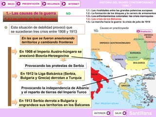 1.4 Las crisis de los Balcanes  1.- Las causas de la guerra Esta situación de debilidad provocó que  se sucedieran tres crisis entre 1908 y 1913 En 1908 el Imperio Austro-húngaro se anexionó Bosnia-Herzegovina Provocando las protestas de Serbia En 1912 la Liga Balcánica (Serbia, Bulgaria y Grecia) derrotan a Turquía Provocando la independencia de Albania y el reparto de tierras del Imperio Turco En 1913 Serbia derrota a Bulgaria y engrandece sus territorios en los Balcanes 1.1.- Las rivalidades entre las grandes potencias europeas 1.2.- La formación de los bloques y la carrera de armamentos 1.3.- Los enfrentamientos coloniales: las crisis marroquíes 1.4.- Las crisis de los Balcanes 1.5.- La marcha hacia la guerra: la crisis de julio de 1914 En las que se fueron anexionando territorios y cambiando fronteras Causas en practicopedia  NO Ampliación 