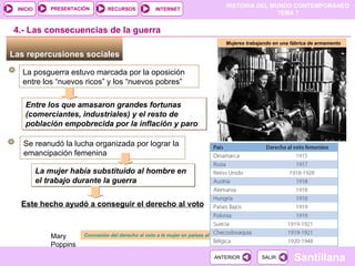 Las repercusiones sociales  La posguerra estuvo marcada por la oposición entre los “nuevos ricos” y los “nuevos pobres” Entre los que amasaron grandes fortunas (comerciantes, industriales) y el resto de población empobrecida por la inflación y paro Mujeres trabajando en una fábrica de armamento 4.- Las consecuencias de la guerra Se reanudó la lucha organizada por lograr la emancipación femenina La mujer había substituido al hombre en el trabajo durante la guerra Este hecho ayudó a conseguir el derecho al voto Concesión del derecho al voto a la mujer en países afectados por la guerra Mary Poppins 