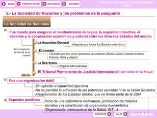 La Sociedad de Naciones  Fue creada para asegurar el mantenimiento de la paz, la seguridad colectiva, el desarme y la cooperación económica y cultural entre los diversos Estados del mundo Sus órganos  rectores eran cuatro La Asamblea General 5.- La Sociedad de Naciones y los problemas de la posguerra Integrada por todos los Estados miembros El consejo   Formado por las cinco potencias vencedoras (Reino Unido, Estados Unidos, Francia, Italia y Japón) La Secretaría Órgano administrativo El Tribunal Permanente de Justicia Internacional  (con sede en la Haya) Fue una organización débil -Sin ejército ni capacidad ejecutiva -No se permitió la adhesión de las potencias vencidas ni de la Unión Soviética -Aislacionismo de los Estados Unidos, que no formó parte de la SDN Aspectos positivos Inicio de una diplomacia multilateral, prohibición de tratados secretos y la constitución de organismos humanitarios (Organización Internacional de la Salud, OIT…) DOC. 20 