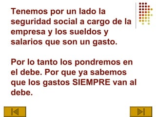 Tenemos por un lado la
seguridad social a cargo de la
empresa y los sueldos y
salarios que son un gasto.

Por lo tanto los pondremos en
el debe. Por que ya sabemos
que los gastos SIEMPRE van al
debe.
 