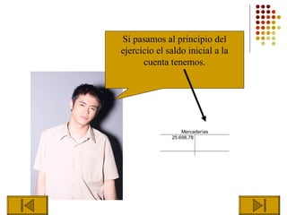 Si pasamos al principio del
ejercicio el saldo inicial a la
      cuenta tenemos.




                  Mercaderías
              25.698,78
 