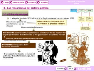 El proceso electoral estaba en manos del gobierno y de sus hombres de paja , no de los electores 3.3.- El fraude electoral  Daba mucho poder a los ayuntamientos y a los alcaldes - elaboraban el censo electoral - Revisaban el proceso electoral  La ley electoral de 1878 eliminó el sufragio universal reconocido en 1868  El proceso era el siguiente  3.-  Los mecanismos del sistema político Encasillado:  nombre del futuro parlamentario en cada “casilla” del mapa electoral elegido por Ministerio de Gobernación  los gobernadores aseguran su elección  junto con los alcaldes y la ayuda de los caciques Pucherazo:  manipulación de los resultados electorales Si no resultaba lo previsto… DOC. 21 
