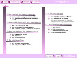 1.-  La creación del sistema canovista 1.1.- Los orígenes del proceso restaurador 1.2.- La formación de los partidos Conservador y Liberal 2.-  Las bases del sistema de la Restauración 2.1.- La Constitución de 1876   2.2.- La monarquía, centro del sistema 2.3.- Las bases sociales y políticas: el caciquismo Índice 3.-  Los mecanismos del sistema político 4.1.- El reinado de Alfonso XII   4.2.- La regencia de María Cristina 4.-  La práctica política 5.1.- La política colonial y su fracaso   5.2.- La pérdida de las colonias   5.3.- Las consecuencias del desastre: crisis de conciencia y regeneracionismo   3.1.- El sistema de partidos   3.2.- El turnismo 3.3.- El fraude electoral 5.-  El desastre de 1898 6.-  La oposición a la Restauración 6.1.- El carlismo   6.2.- Los nacionalismos   6.3.- La oposición republicana 6.4.- El movimiento obrero   