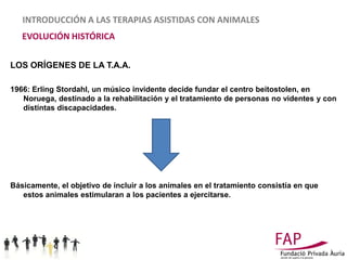 INTRODUCCIÓN A LAS TERAPIAS ASISTIDAS CON ANIMALES
   EVOLUCIÓN HISTÓRICA

LOS ORÍGENES DE LA T.A.A.

1966: Erling Stordahl, un músico invidente decide fundar el centro beitostolen, en
   Noruega, destinado a la rehabilitación y el tratamiento de personas no videntes y con
   distintas discapacidades.




Básicamente, el objetivo de incluir a los animales en el tratamiento consistía en que
   estos animales estimularan a los pacientes a ejercitarse.
 