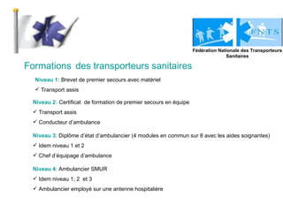Formations   des transporteurs sanitaires Fédération Nationale des Transporteurs Sanitaires <ul><li>Niveau 1:  Brevet de p...