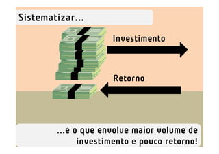 Sistematizar...
                     Investimento



                     Retorno




        ...é o que envolve maior volume de
              investimento e pouco retorno!
 
