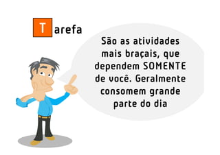 T arefa
           São as atividades
           mais braçais, que
          dependem SOMENTE
          de você. Geralmente
           consomem grande
              parte do dia
 