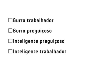 Burro trabalhador
Burro preguiçoso
               



Inteligente preguiçoso
Inteligente trabalhador
 
