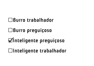 Burro trabalhador
Burro preguiçoso
               




Inteligente preguiçoso
Inteligente trabalhador
 