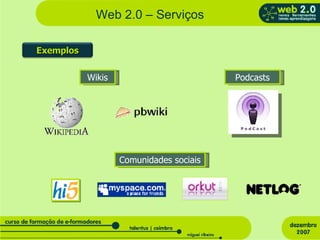 Web 2.0 – Serviços Wikis Podcasts Comunidades sociais Exemplos 