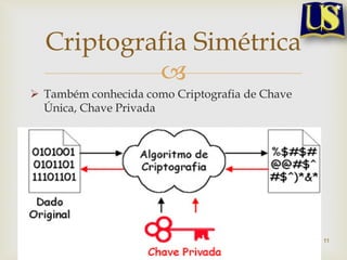 Criptografia Simétrica
           
 Também conhecida como Criptografia de Chave
  Única, Chave Privada




                                                11
 