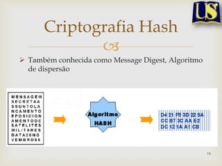 Criptografia Hash
             
 Também conhecida como Message Digest, Algoritmo
  de dispersão




                                                    19
 