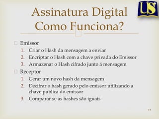 Emissor
1. Criar o Hash da mensagem a enviar
2. Encriptar o Hash com a chave privada do Emissor
3. Armazenar o Hash cifrado junto á mensagem
Receptor
1. Gerar um novo hash da mensagem
2. Decifrar o hash gerado pelo emissor utilizando a
chave publica do emissor
3. Comparar se as hashes são iguais
17
Assinatura Digital
Como Funciona?
 