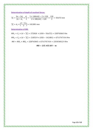 Page 12 of 12
Determination of depth of resultant forces:
Determination of MR:
 