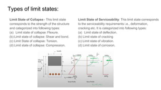 Types of limit states:
Limit State of Collapse:- This limit state
corresponds to the strength of the structure
and categorized into following types:
(a) Limit state of collapse: Flexure.
(b) Limit state of collapse: Shear and bond.
(c) Limit State of collapse: Torsion.
(d) Limit state of collapse: Compression.
Limit State of Serviceability: This limit state corresponds
to the serviceability requirements i.e., deformation,
cracking etc. It is categorized into following types:
(a) Limit state of deflection.
(b) Limit state of cracking
(c) Limit state of vibration.
(d) Limit state of corrosion.
 