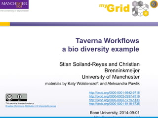 Taverna Workflows 
a bio diversity example 
Stian Soiland-Reyes and Christian 
Brenninkmeijer 
University of Manchester 
materials by Katy Wolstencroft and Aleksandra Pawlik 
http://orcid.org/0000-0001-9842-9718 
http://orcid.org/0000-0002-2937-7819 
http://orcid.org/0000-0002-1279-5133 
http://orcid.org/0000-0001-8418-6735 
Bonn University, 2014-09-01 
http://www.taverna.org.uk/ 
This work is licensed under a 
Creative Commons Attribution 3.0 Unported License 
 