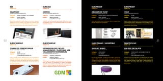 SMARTWAIT
Date de commercialisation septembre 2012
Catégorie 	MOBILE SHOPPING / M-COMMERCE
Contact	 HÉLÈNE TAURAN
	 htauran@esii.com
SmartWait, application mobile unique sur le marché, apporte
liberté de choix et mobilité à vos clients en proposant une
alternative innovante à la file d’attente classique : la possi-
bilité de prendre sa place dans la file d’attente à distance.
ESII
STAND N 24
STATISTIX
Date de commercialisation septembre 2012
Catégorie 	 LOGICIELS / PROGICIELS
Contact	 ARNAUD BELLIART
	 contact@eurecam.net
STATISTIX, est l’outil essentiel pour étudier le flux des clients
en magasins, grâce à son ergonomie intuitive et à ses fonc-
tionnalités évoluées.
EURECAM
STAND M 33
CAMERA 3D STEREOSCOPIQUE
Date de commercialisation octobre 2012
Catégorie 	 AUTRE
Contact	 ROBERT NICOLAS
	 n.robert@easycomptage.com
Notre nouvelle caméra stéréoscopique est un système de
vision 3D, réalisé par deux capteurs optiques. Ce nouveau
procédé nous permet de répondre de façon plus adaptée à
la demande de centres commerciaux, et des sites avec de
grandes ouvertures.
EUROCSGROUP
STAND N 40
EUROCSGROUP
STAND N 40
5150
VOICE
Date de commercialisation janvier 2012
Catégorie 	 AUTRE
Contact	 MEGE JACQUES
	 j.mege@europrodif.com
Appel vendeur véritable buzz de la communication, par une
communication sans fil, déplaçable à tous moments et suivi
d’une gestion de temps, de besoins, de personnel dans le
déroulement de la journée.
EUROPRODIF
STAND D 61
POP-950 ZIRCON POS
Date de commercialisation mars 2012
Catégorie 	 COMPOSANTS, ACCESSOIRES POUR PLV
Contact	 MAX HU
	 max.hu@fametech.com.tw
The All-In-One Zircon POS takes up minimal space in cashier
counters, a feature that is appreciated by many shop
and restaurant owners. While being a stylish standout in
appearance, the Zircon POS does not compromise on
performance.
FAMETECH INC.
STAND L 09
MÉGASERVICE TICKET
Date de commercialisation septembre 2012
Catégorie 	 DIGITAL MÉDIA/ AFFICHAGE DYNAMIQUE
Contact	 MEGE JACQUES
	 j.mege@europrodif.com
Moins de produits lourds à promener dans le magasin avec
plus de marges pour le magasin.
EUROPRODIF
STAND D 61
tabouret Bilbao
Date de commercialisation décembre 2011
Catégorie 	 AGENCEMENT
Contact	 ALIX VERLEY
	 averley@advertible.eu
Nouveauté Advertible : le tabouret haut Bilbao personnali-
sable à 100% ! Idéal pour meubler un stand professionnel,
un espace d’accueil, une cafétéria ou encore un bar. Léger
et pratique, le Bilbao est parfait pour communiquer en toute
occasion.
FABER FRANCE / ADVERTIBLE
STAND H 55
OPTIMISATION DES CIRCUITS
ADMINISTRATIFS / PLATEFORME WEB
COLLABORATIVE FOURNISSEURS
Date de commercialisation décembre 2012
Catégorie 	 LOGICIELS / PROGICIELS
Contact	 ANGELOZ FRANCK
	 f.angeloz@cabinet-zulian.com
GDM progiciel de gestion transversal pilotant le référence-
ment, les travaux, la maintenance, la gestion immobilière
s’enrichit. Il permet désormais d’alléger les circuits adminis-
tratifs en : facilitant la gestion des appels d’offres (plateforme
web) et en allégeant la gestion des flux financiers.
 