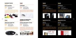 QUICK COLLECTION
Date de commercialisation septembre 2011
Catégorie 	ÉQUIPMEMENT DE SÉCURITÉ
Contact	 JACKY THOONSEN
	 jacky@thoonsen.fr
La Quick Collection est une gamme d’accessoires anti-
vols innovante, facile et rapide à manipuler, apportant
une meilleure sécurisation de vos produits contre le vol à
l’étalage quelque soit votre activité : LA solution pour piéger
vos textiles, lunettes, maroquinerie, bouteilles....
THOONSEN TRADING
STAND K 45
FLATPHONE®
Date de commercialisation septembre 2011
Catégorie 	MARKETING SENSORIEL
Contact	 FRANCOIS CHARPENTIER
	 fcharpentier@tkgeo.com
La gamme de haut-parleurs directionnels Flatphone® a été
étendue pour permettre de nouveaux cas d’utilisation au
design toujours plus épuré. L’installation en est maintenant
facilitée à la fois en termes de mise en oeuvre et de résul-
tat…
TKGEO
STAND I 50
VIBRASOUND GAMME PRO
Date de commercialisation septembre 2011
Catégorie 	 MARKETING SENSORIEL
Contact	 FRANCOIS CHARPENTIER
	 fcharpentier@tkgeo.com
Vibrasound est un concept de haut -parleurs invisibles qui
permettent de transformer de la matière en haut-parleur
(meubles, vitrines, sols). La gamme pro a été élaborée pour
couvrir les cas de figures les plus extrêmes avec la meilleure
qualité.
TKGEO
STAND I 50
KIOSQUES LIBRE-SERVICE TOSHIBA
Date de commercialisation septembre 2012
Catégorie 	 BORNE INTERACTIVE
Contact	 RIBOT ANNE-FRANÇOISE
	 afribot@toshibatec-eu.fr
KIOSQUES libre-Service : Solutions tactiles au service de
l’expérience utilisateur. Les solutions kiosques multi-fonc-
tions Toshiba, fiables et intuitives, apportent une réponse
fonctionnelle aux besoins d’automatisation de l’information
et des processus de vente (Point information, self-services,
paiement et services….).
TOSHIBA TEC EUROPE RETAIL
INFORMATION SYSTEMS
STAND K 14
7574
CLUSTER 3SR
Date de commercialisation septembre 2012
Catégorie 	 AUTOMATE
Contact	 NICOLAS HUVENOIT
	 nicolas.huvenoit@traidis.com
TRAIDIS présente, le Cluster 3SR, sa toute nouvelle solution
compacte et performante permettant d’automatiser les flux
d’espèces du magasin et de les recycler en interne. Elle est
particulièrement dédiée aux petites et moyennes surfaces.
TRAIDIS
STAND N 45
FLEX-LIN
Date de commercialisation septembre 2012
Catégorie 	 AGENCEMENT
Contact	 GILLES HÉRISSÉ
	 contact@tramproduction.fr
Le Flex-lin distribué par Tram production est un revêtement
souple et ferme à la fois, très agréable au toucher, très
doux, composé de matières naturelles et renouvelables.
Flex-lin est naturellement antistatique, repousse les parti-
cules de poussières.
TRAM PRODUCTION
STAND A 22
AUTODIS 3+
Date de commercialisation septembre 2012
Catégorie 	 AUTOMATE
Contact	 NICOLAS HUVENOIT
	 nicolas.huvenoit@traidis.com
Traidis présente l’Autodis 3+, nouvelle solution recyclante de
gestion des espèces dédiée aux hypermarchés. Dotée de
hautes performances et de 4 postes de dépôt/ retrait, elle
offre une solution de traitement des espèces rapide, effi-
cace et sécurisée.
TRAIDIS
STAND N 45
CAP LAC
Date de commercialisation janvier 2012
Catégorie 	 AGENCEMENT
Contact	 GILLES HÉRISSÉ
	 contact@tramproduction.fr
CAP-lac est un système de panneaux muraux équipés de
crémaillères. Très facile et rapide à installer, CAP-lac est
principalement des panneaux en verre avec décor sur la
face arrière et de dimension standard. Ces panneaux sont
modulables.
TRAM PRODUCTION
STAND A 22
 