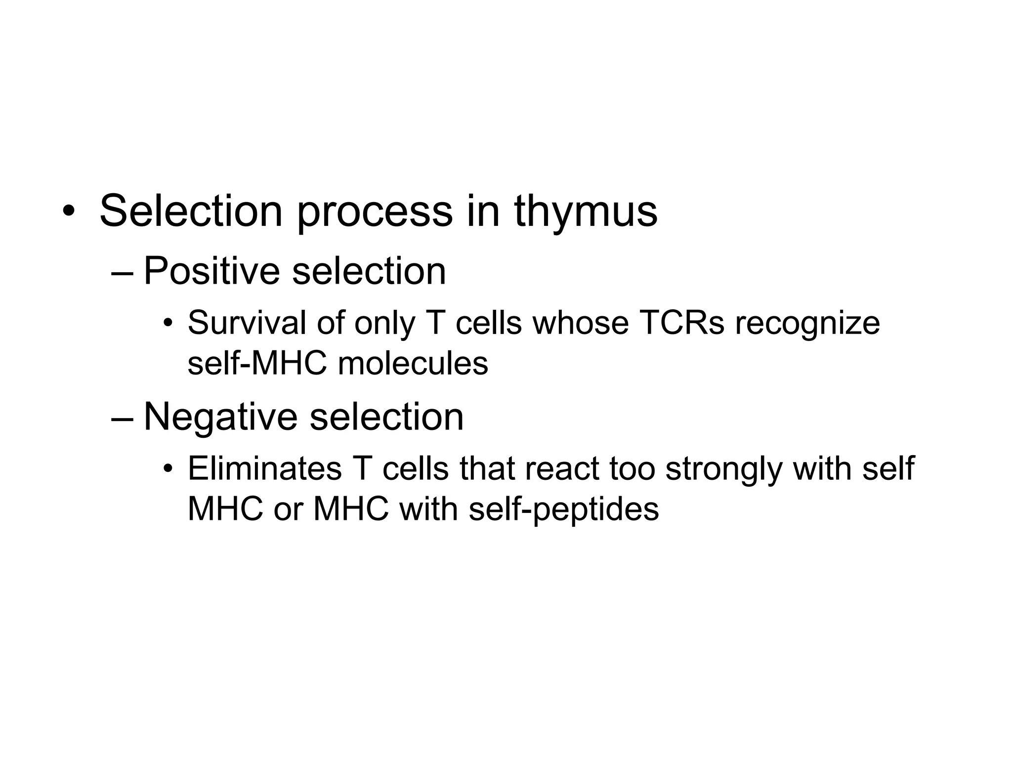 • Selection process in thymus
– Positive selection
• Survival of only T cells whose TCRs recognize
self-MHC molecules
– Negative selection
• Eliminates T cells that react too strongly with self
MHC or MHC with self-peptides
 