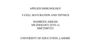 APPLIED IMMUNOLOGY
T-CELL MATURATION AND THYMUS
MAHREEN AKRAM
MS ZOOLOGY (EVE-1)
MSF23007233
UNIVERSITY OF EDUCATION, LAHORE
 