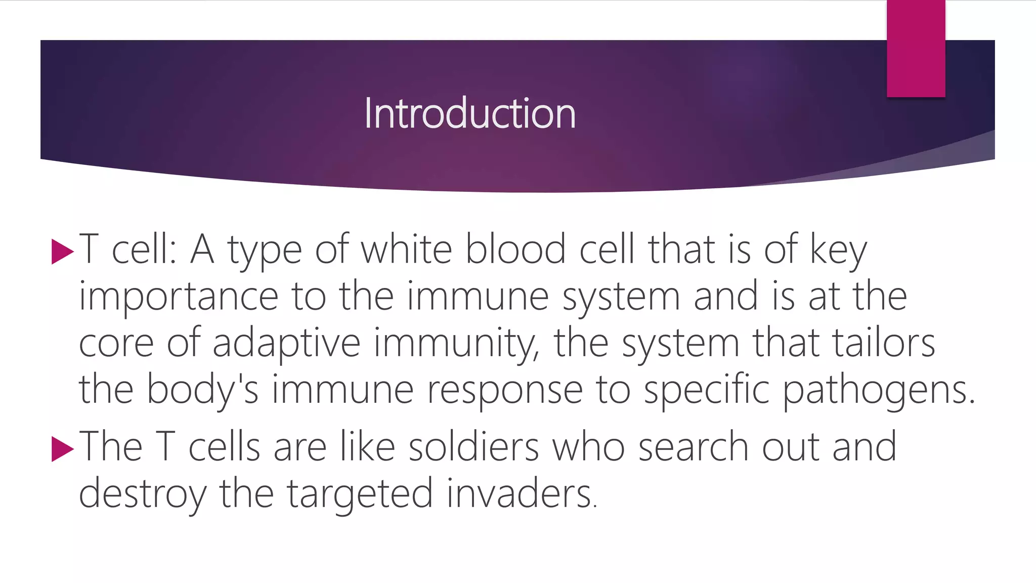 Introduction
T cell: A type of white blood cell that is of key
importance to the immune system and is at the
core of adaptive immunity, the system that tailors
the body's immune response to specific pathogens.
The T cells are like soldiers who search out and
destroy the targeted invaders.
 