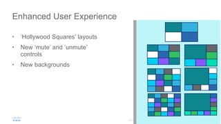 New In-Room Control
§ Reduces the need for many control
devices in one room
§ Add controls for your room devices
through a customizable interface
§ Easily control peripherals such as lights,
room dividers, etc. directly from the
TelePresence® Touch 10
§ Keeps the Cisco® TelePresence
experience intact
 