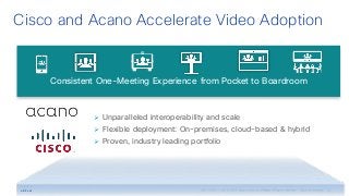 Cisco and Acano Accelerate Video Adoption
#1 #2
Experience
Ø Unparalleled interoperability and scale
Ø Flexible deployment: On-premises, cloud-based & hybrid
Ø Proven, industry leading portfolio
Consistent One-Meeting Experience from Pocket to Boardroom
 