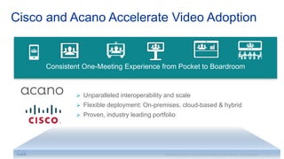 Cisco Video Collaboration Endpoints
Choose How You Wish to Collaborate
Quick Set SX10
and SX20
MX300 and
MX200 G2
IX5000 Series
Collaboration Desk Endpoints
DX Series
TelePresence®
Integration Solutions
Soft Clients
Jabber® WebEx® Spark®
MX800 and MX700
Codec SX80
For custom and industry applications
Collaboration Rooms
8800 Series
 