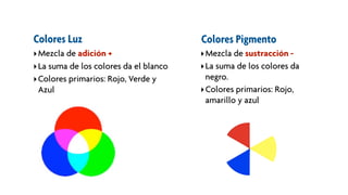Colores Luz                             Colores Pigmento
‣ Mezcla de adición +                   ‣ Mezcla de sustracción -
‣ La suma de los colores da el blanco   ‣ La suma de los colores da
‣ Colores primarios: Rojo, Verde y        negro.
  Azul                                  ‣ Colores primarios: Rojo,
                                          amarillo y azul
 