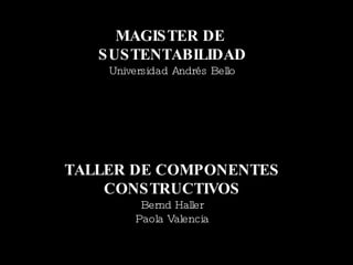 MAGISTER DE  SUSTENTABILIDAD Universidad Andr é s Bello TALLER DE COMPONENTES CONSTRUCTIVOS Bernd Haller Paola Valencia 