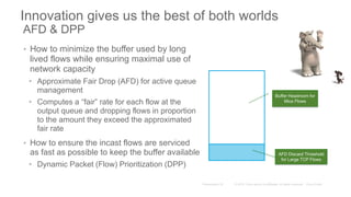 Innovation gives us the best of both worlds
AFD & DPP
• How to minimize the buffer used by long
lived flows while ensuring maximal use of
network capacity
• Approximate Fair Drop (AFD) for active queue
management
• Computes a “fair” rate for each flow at the
output queue and dropping flows in proportion
to the amount they exceed the approximated
fair rate
• How to ensure the incast flows are serviced
as fast as possible to keep the buffer available
• Dynamic Packet (Flow) Prioritization (DPP)
AFD Discard Threshold
for Large TCP Flows
Buffer Headroom for
Mice Flows
 