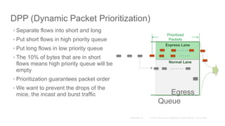 DPP (Dynamic Packet Prioritization)
Prioritized
Packets
Express Lane
Normal Lane
Egress
Queue
• Separate flows into short and long
• Put short flows in high priority queue
• Put long flows in low priority queue
• The 10% of bytes that are in short
flows means high priority queue will be
empty
• Prioritization guarantees packet order
• We want to prevent the drops of the
mice, the incast and burst traffic
 