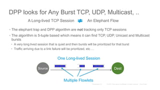 DPP looks for Any Burst TCP, UDP, Multicast, ..
A Long-lived TCP Session An Elephant Flow
Source Dest
One Long-lived Session
Multiple Flowlets
• The elephant trap and DPP algorithm are not tracking only TCP sessions
• The algorithm is 5-tuple based which means it can find TCP, UDP, Unicast and Multicast
bursts
• A very long lived session that is quiet and then bursts will be prioritized for that burst
• Traffic arriving due to a link failure will be prioritized, etc …
 