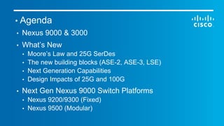• Agenda
• Nexus 9000 & 3000
• What’s New
• Moore’s Law and 25G SerDes
• The new building blocks (ASE-2, ASE-3, LSE)
• Next Generation Capabilities
• Design Impacts of 25G and 100G
• Next Gen Nexus 9000 Switch Platforms
• Nexus 9200/9300 (Fixed)
• Nexus 9500 (Modular)
 