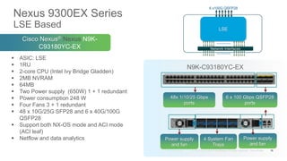 Cisco Nexus® Nexus N9K-
C93180YC-EX
Nexus 9300EX Series
LSE Based
76
 ASIC: LSE
 1RU
 2-core CPU (Intel Ivy Bridge Gladden)
 2MB NVRAM
 64MB
 Two Power supply (650W) 1 + 1 redundant
 Power consumption 248 W
 Four Fans 3 + 1 redundant
 48 x 10G/25G SFP28 and 6 x 40G/100G
QSFP28
 Support both NX-OS mode and ACI mode
(ACI leaf)
 Netflow and data analytics
48x 1/10/25 Gbps
ports
6 x 100 Gbps QSFP28
ports
N9K-C93180YC-EX
Power supply
and fan
Power supply
and fan
4 System Fan
Trays
LSE
Network Interfaces
6 x100G QSFP28
 