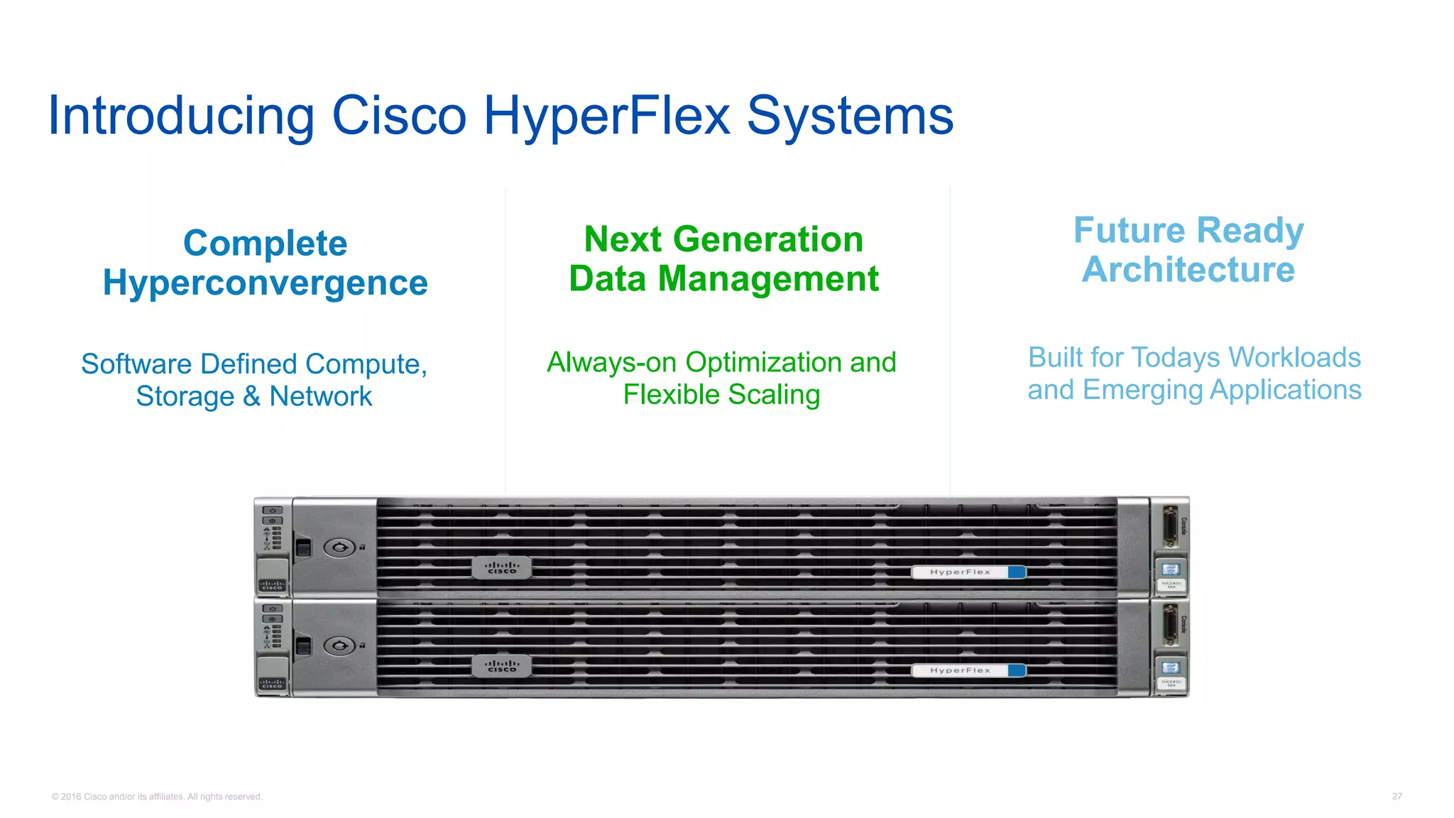 © 2016 Cisco and/or its affiliates. All rights reserved. 27
Introducing Cisco HyperFlex Systems
Complete
Hyperconvergence
Software Defined Compute,
Storage & Network
Next Generation
Data Management
Always-on Optimization and
Flexible Scaling
Future Ready
Architecture
Built for Todays Workloads
and Emerging Applications
 
