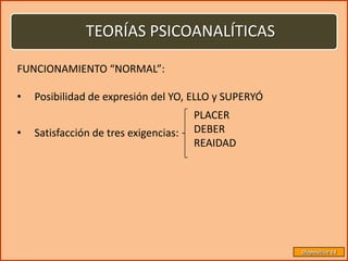 TEORÍAS PSICOANALÍTICAS

FUNCIONAMIENTO “NORMAL”:

•   Posibilidad de expresión del YO, ELLO y SUPERYÓ
                                       PLACER
•   Satisfacción de tres exigencias:   DEBER
                                       REAIDAD




                                                      Diapositiva 14
 