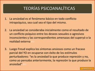 TEORÍAS PSICOANALÍTICAS

1. La ansiedad es el fenómeno básico en todo conflicto
   intrapsíquico, sea cual sea el tipo del mismo.

2. La ansiedad se consideraba inicialmente como el resultado de
   un conflicto psíquico entre los deseos sexuales o agresivos
   inconscientes y las correspondientes amenazas del superyó o la
   realidad externa 

3. Luego Freud explica los síntomas ansiosos como un fracaso
   parcial del YO en ocuparse con éxito de los estímulos
   perturbadores: “es la ansiedad la que produce represión y no,
   como yo pensaba anteriormente, la represión la que produce la
   ansiedad” 
                                                          Diapositiva 15
 
