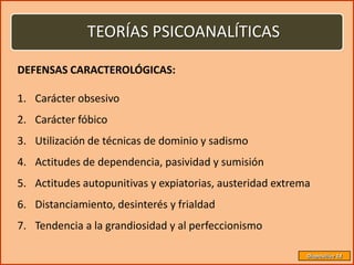 TEORÍAS PSICOANALÍTICAS

DEFENSAS CARACTEROLÓGICAS:

1. Carácter obsesivo
2. Carácter fóbico
3. Utilización de técnicas de dominio y sadismo
4. Actitudes de dependencia, pasividad y sumisión
5. Actitudes autopunitivas y expiatorias, austeridad extrema
6. Distanciamiento, desinterés y frialdad
7. Tendencia a la grandiosidad y al perfeccionismo

                                                           Diapositiva 18
 