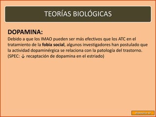 TEORÍAS BIOLÓGICAS

DOPAMINA:
Debido a que los IMAO pueden ser más efectivos que los ATC en el
tratamiento de la fobia social, algunos investigadores han postulado que
la actividad dopaminérgica se relaciona con la patología del trastorno.
(SPEC: ↓ recaptación de dopamina en el estriado)




                                                                 Diapositiva 32
 
