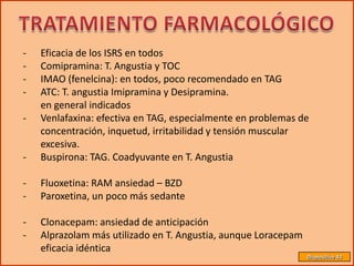 -   Eficacia de los ISRS en todos
-   Comipramina: T. Angustia y TOC
-   IMAO (fenelcina): en todos, poco recomendado en TAG
-   ATC: T. angustia Imipramina y Desipramina.
    en general indicados
-   Venlafaxina: efectiva en TAG, especialmente en problemas de
    concentración, inquetud, irritabilidad y tensión muscular
    excesiva.
-   Buspirona: TAG. Coadyuvante en T. Angustia

-   Fluoxetina: RAM ansiedad – BZD
-   Paroxetina, un poco más sedante

-   Clonacepam: ansiedad de anticipación
-   Alprazolam más utilizado en T. Angustia, aunque Loracepam
    eficacia idéntica
                                                                Diapositiva 43
 