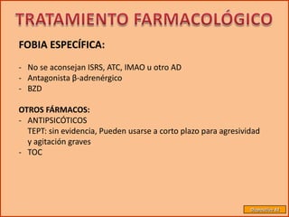 FOBIA ESPECÍFICA:
- No se aconsejan ISRS, ATC, IMAO u otro AD
- Antagonista β-adrenérgico
- BZD

OTROS FÁRMACOS:
- ANTIPSICÓTICOS
  TEPT: sin evidencia, Pueden usarse a corto plazo para agresividad
  y agitación graves
- TOC




                                                                Diapositiva 44
 