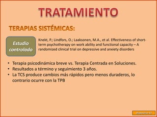 Knekt, P.; Lindfors, O.; Laaksonen, M.A., et al. Effectiveness of short-
  Estudio      term psychotherapy on work ability and functional capacity – A
controlado     randomized clinical trial on depressive and anxiety disorders


• Terapia psicodinámica breve vs. Terapia Centrada en Soluciones.
• Resultados a término y seguimiento 3 años.
• La TCS produce cambios más rápidos pero menos duraderos, lo
  contrario ocurre con la TPB




                                                                                Diapositiva 53
 