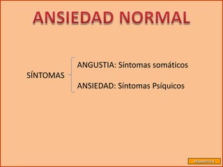 ANGUSTIA: Síntomas somáticos
SÍNTOMAS
           ANSIEDAD: Síntomas Psíquicos




                                          Diapositiva 6
 