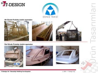 T-Design bir Teknoloji Holding kuruluşudur  2003 – T-Design A.Ş.
DENİZ TAKSİ
Alt Gövde Prototip üretim aşamaları
Üst Gövde Prototip üretim aşamaları
ÜrünTasarımları
 