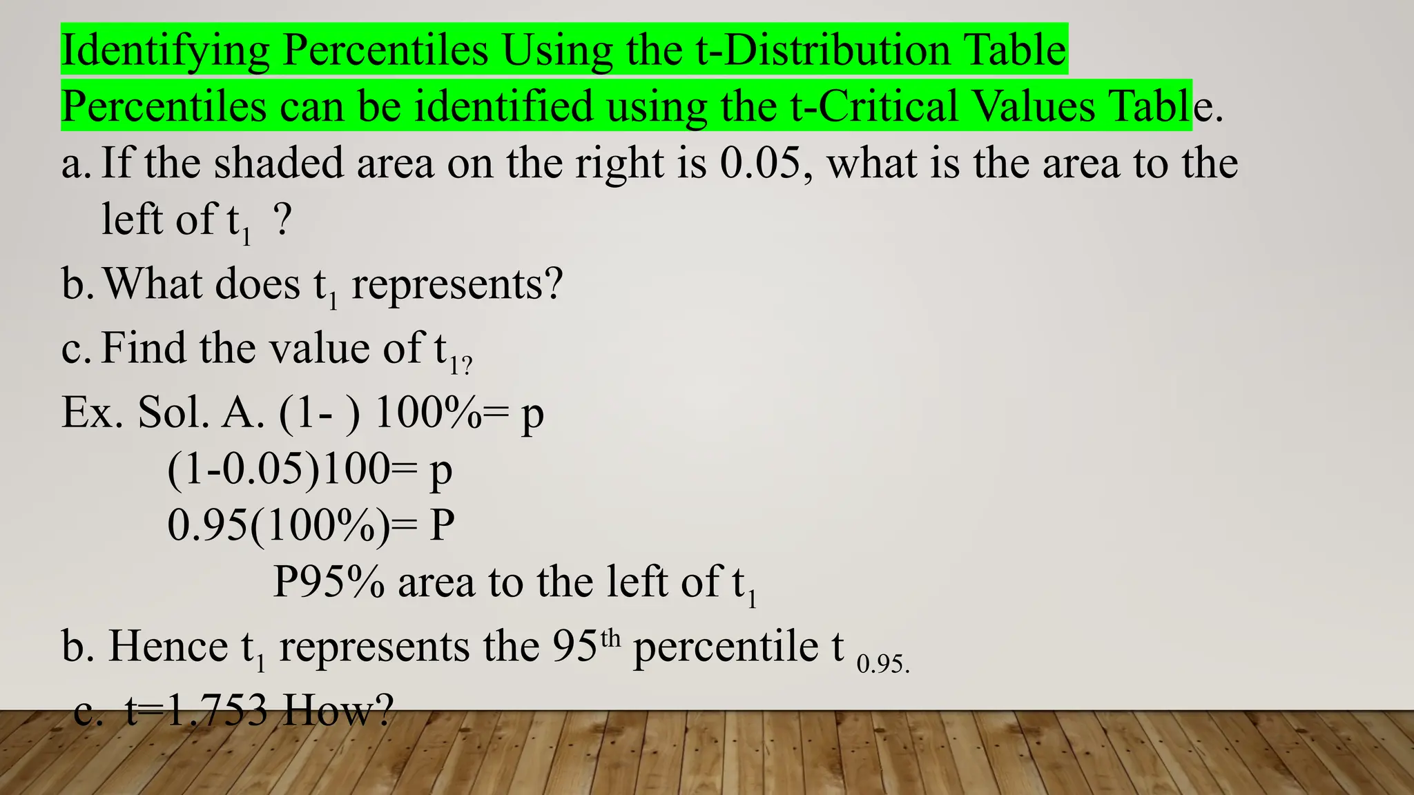 Identifying Percentiles Using the t-Distribution Table
Percentiles can be identified using the t-Critical Values Table.
a. If the shaded area on the right is 0.05, what is the area to the
left of t1 ?
b.What does t1 represents?
c. Find the value of t1?
Ex. Sol. A. (1- ) 100%= p
(1-0.05)100= p
0.95(100%)= P
P95% area to the left of t1
b. Hence t1 represents the 95th
percentile t 0.95.
c. t=1.753 How?
 