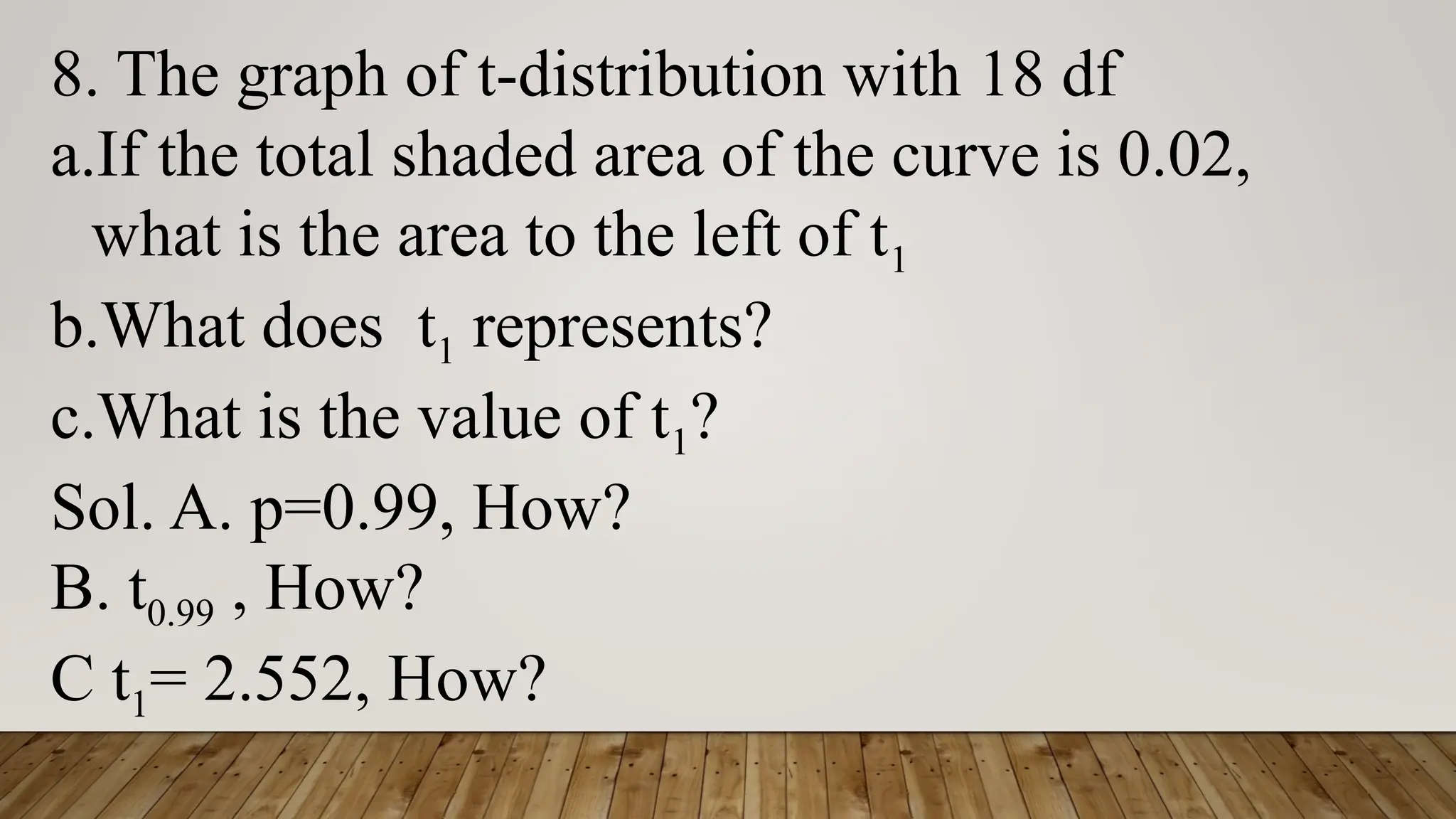 8. The graph of t-distribution with 18 df
a.If the total shaded area of the curve is 0.02,
what is the area to the left of t1
b.What does t1 represents?
c.What is the value of t1?
Sol. A. p=0.99, How?
B. t0.99 , How?
C t1= 2.552, How?
 