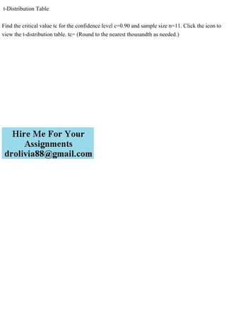 t-Distribution Table
Find the critical value tc for the confidence level c=0.90 and sample size n=11. Click the icon to
view the t-distribution table. tc= (Round to the nearest thousandth as needed.)
 